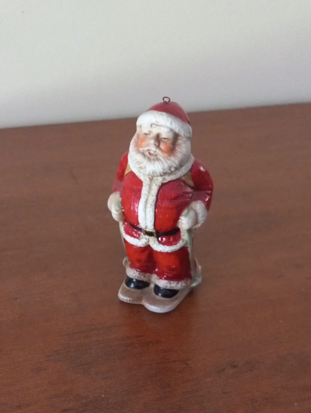 Vintage Porcelain Skiing Santa Claus Christmas Figurine Hanging Ornament